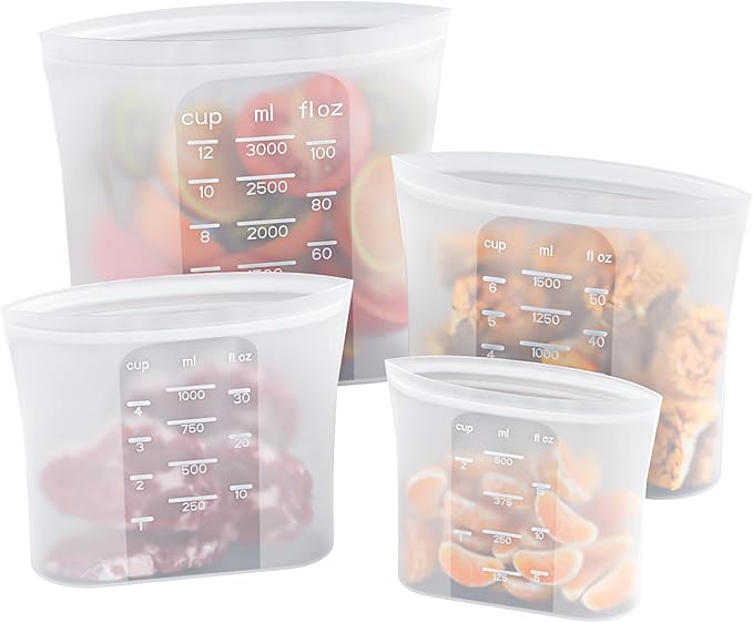 Bangp Premium Silicone Reusable Food Storage Bags,4 Pack(100oz, 50oz, 30oz,15oz),New Generation Stand Up Zip Freezer Bags,Sandwich Snack Bags,Healthy Food Storage Containers,Leak-free,Dishwasher Safe