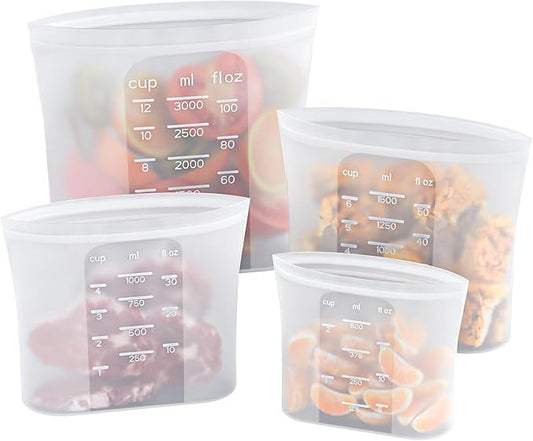 Bangp Premium Silicone Reusable Food Storage Bags,4 Pack(100oz, 50oz, 30oz,15oz),New Generation Stand Up Zip Freezer Bags,Sandwich Snack Bags,Healthy Food Storage Containers,Leak-free,Dishwasher Safe