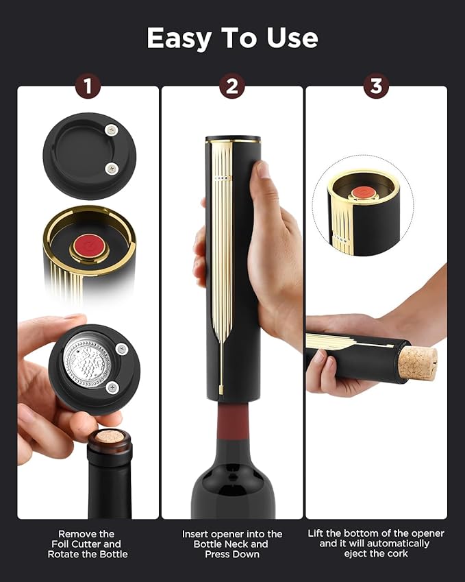 Rechargeable Electric Wine Opener with Charging Base & Foil Cutter, Automatic Corkscrew for 60 Bottles, Luxury Christmas Gift for Wine Lovers Women Men - Gold & Black