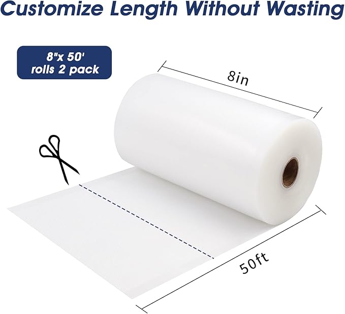 Vacuum Sealer Bags 2 Rolls 8"x50' Commercial Grade Food Saver Bags for Seal a Meal, BPA Free, Heavy Duty, Great for vac Storage, Meal Prep or Sous Vide