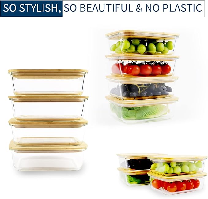 Glass Food Storage Containers with Bamboo Lids (4-Pack, 36oz) Airtight, Leakproof, BPA-Free Borosilicate Glass Meal Prep Containers – Eco-Friendly, Oven/Microwave/Freezer Safe-Plastic-Free & Reusable