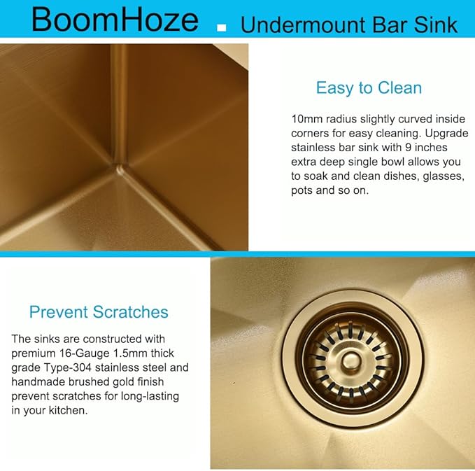 Small Gold Kitchen Sink, 21 x 18 Inch Gold Wet Bar Prep Undermount Kitchen Sink Workstation 16 Gauge Stainless Steel Single Bowl Basin