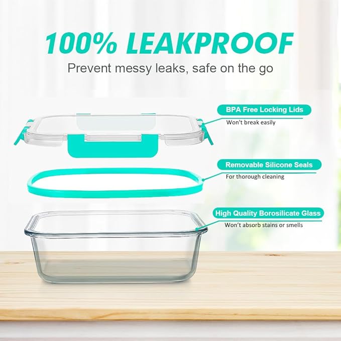 VERONES 12 Packs Glass Food Storage Containers Set, Airtight Glass Lunch Containers, Glass Meal Prep Containers with Lids,Exclusive of BPA, for Microwave, Oven, Freezer & Dishwasher Friendly,Green