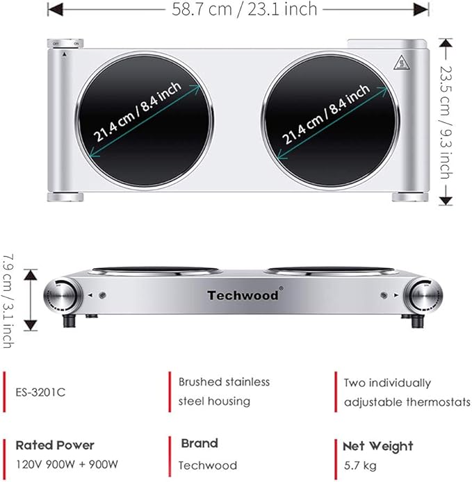 Hot Plate, Techwood 1800W Dual Electric Stoves, Countertop Stove Double Burner for Cooking, Infrared Ceramic Hot Plates Double Cooktop, Silver, Brushed Stainless Steel Easy to Clean Upgraded Version