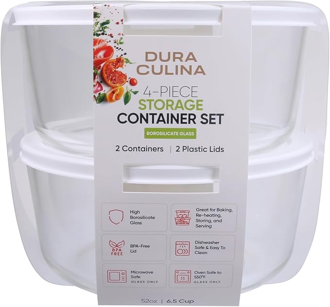 4-Piece Glass Food Storage Containers Set (2 Containers + 2 BPA-Free Lids) | 6.5-Cup, Leakproof | Microwave, Freezer, Oven & Dishwasher Safe | Ideal for Meal Prep & Pantry Organization, White