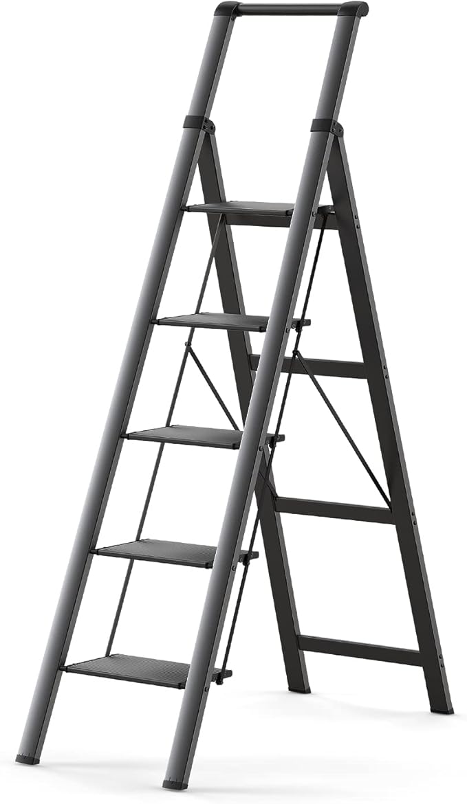 5 Step Ladder, Folding Step Stool with Handgrip and Anti-Slip Wide Pedal, Portable Iron Stepladder for Kitchen, Home, Library, Office (300 lbs Capacity) - Black
