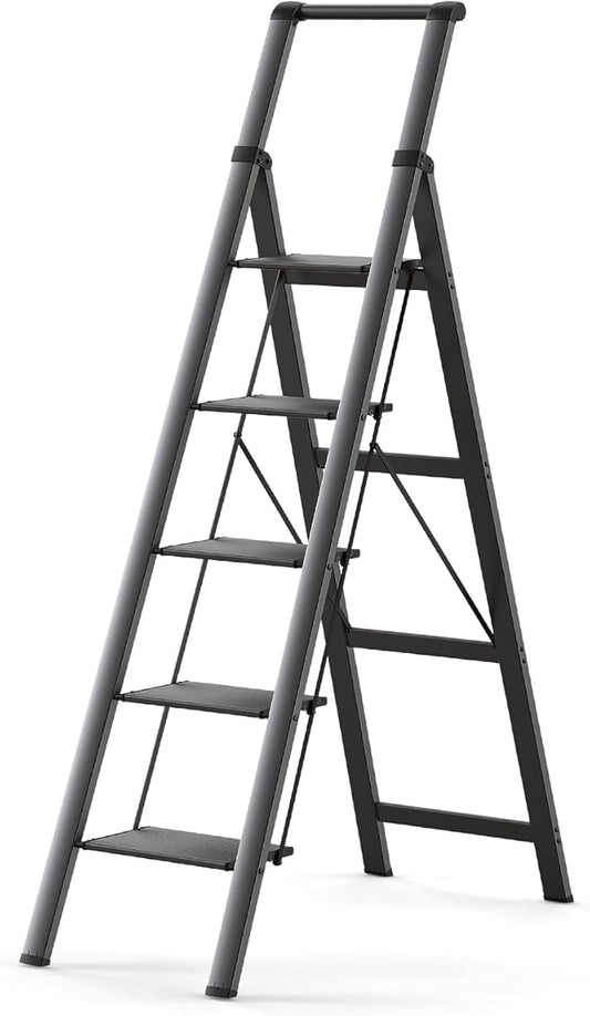 5 Step Ladder, Folding Step Stool with Handgrip and Anti-Slip Wide Pedal, Portable Iron Stepladder for Kitchen, Home, Library, Office (300 lbs Capacity) - Black