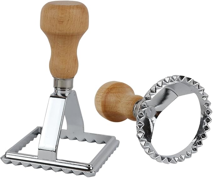 Ravioli Maker Cutter Stamps Set Round & Square Shape Ravioli Masker - Large Size Aluminum Press with Wooden Handle and Fluted Edge, Set of 2