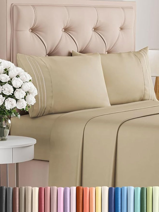 Full Size 4 Piece Sheet Set - Comfy Breathable & Cooling Bed Sheets Set - Hotel Luxury Bedding for Women, Men, Kids, Teens, Boys & Girls - Deep Pockets, Ultra-Soft and Wrinkle Free - Oeko-Tex - Beige