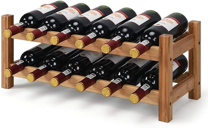 COSTWAY Wine Rack, Bamboo 12 Bottles 2-Tier Wine Display Rack for Countertop Home Kitchen Pantry, Free Standing Wine Storage, Rack Tabletop Wine Rack (Nature)