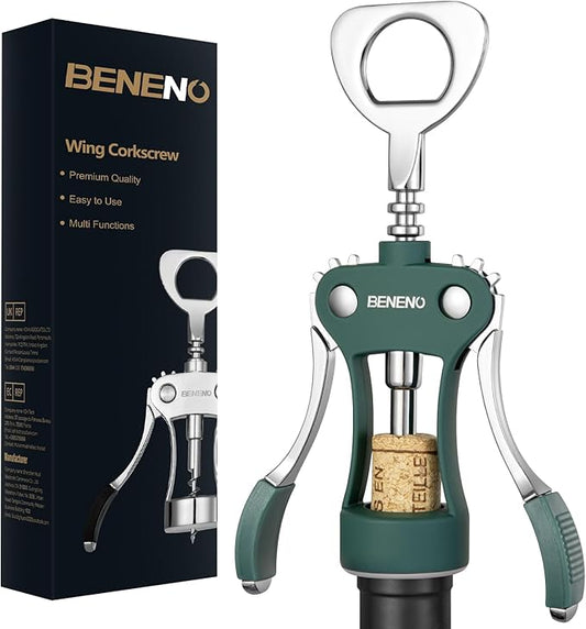 Beneno Wine Opener, Zinc Alloy Premium Wing Corkscrew with Multifunctional Bottles Opener, Sharp Wine Corkscrew with Ergonomic Non-Slip Wing Handle, Dark Green