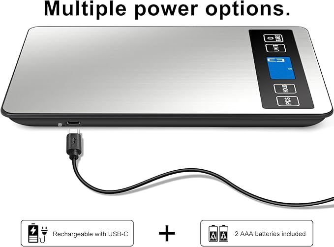 Fuzion Food Scale, 1g/0.1oz Digital Kitchen Scale - 22lb, 7 Units, Tare & PCS, Rechargeable Power, Tempered Glass & Stainless Steel - Food Weight Scale Grams and Ounces for Cooking, Baking