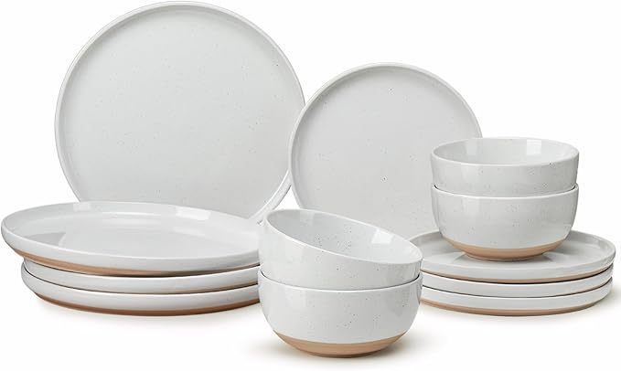12 Pieces Farmhouse Stoneware Dinnerware Sets, Speckled Ceramic Plates and Bowls Set, Matte Terracotta Underside Ceramic Dishes Set for 4, Scratch Resistant Microwave & Dishwasher Safe(Glacier White)