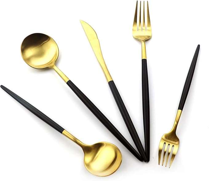 Gugrida 20-Piece Matte Gold & Black Handle 18/10 Stainless Steel Flatware Set, Titanium Cutlery for Home & Restaurant, Dishwasher Safe