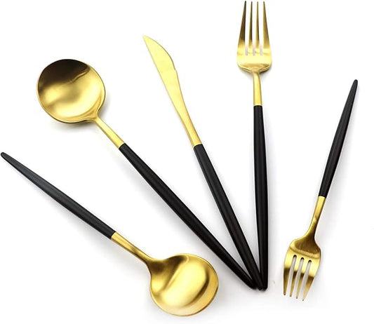 Gugrida 20-Piece Matte Gold & Black Handle 18/10 Stainless Steel Flatware Set, Titanium Cutlery for Home & Restaurant, Dishwasher Safe