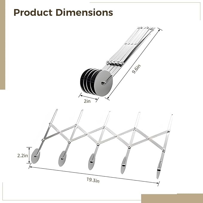 Professional 5-Wheel Pizza Cutter Roller, 9.6 Inches Expandable Stainless Steel Pastry Divider with Handle, Multi-Purpose Dough Slicer for Pizza, Pasta, Pie Crust, Cookie, and Professional Baking