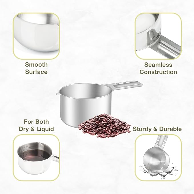 2PCS 3/4Cup (180ml, 6oz) Single Measuring Cup, Etched Inner Scale Stainless Steel Measure Scoop, Metric and US Measurement, Dishwasher Safe