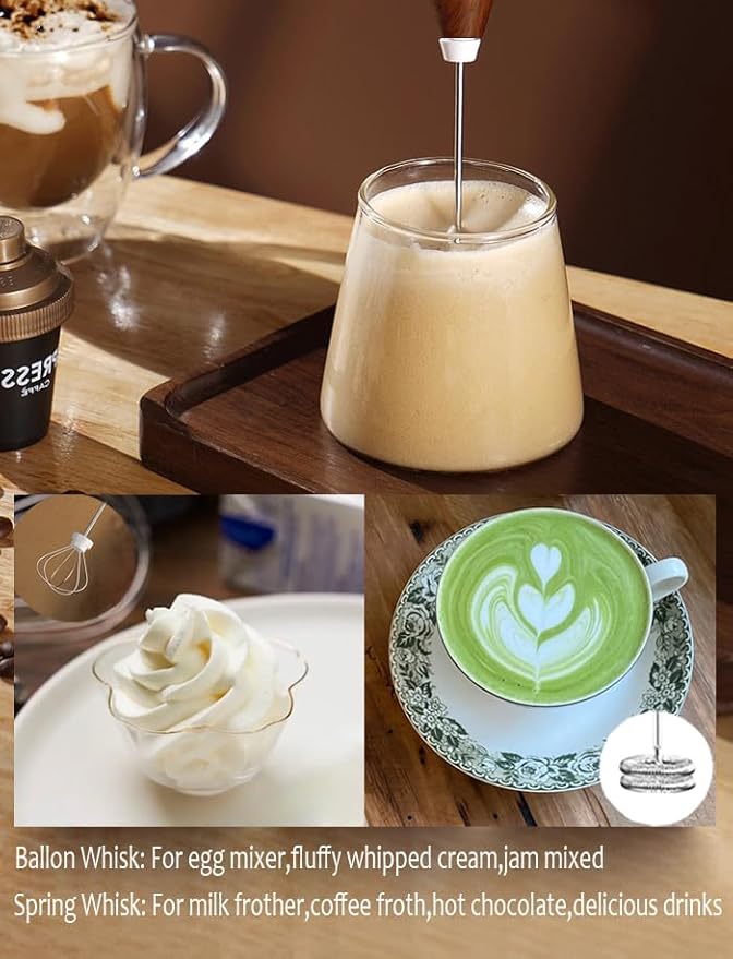 Milk Frother Handheld Foam Maker with 2 Stainless Stirring Head 3 Speed Rechargeable Electric Blender Milk Frother Wand Drink Mixer for Cappuccino Matcha Latte Hot Chocolate Protein Powder Egg (White)