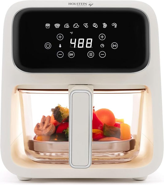 Holstein Housewares 4.2 QT Digital Air Fryer with Glass Basket, With Hot Air Technology, Up to 400° & Non -Stick Frying Pan for Less Oil Use. Air Fry, Bake, Grill, Dehydrate & Roast Healthy Meals