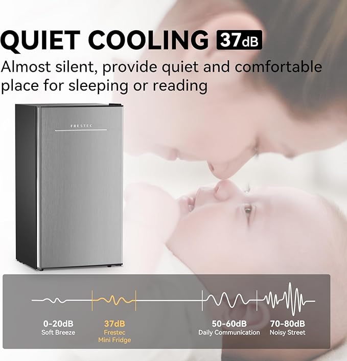 Frestec 3.2 Cu. Ft. Mini Fridge with Freezer Small Refrigerator, for Bedroom, Single Door, Energy Saving, Low Noise,for Office (Grey)