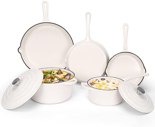 QuliMetal Enameled Cast Iron Cookware Set, 5 Pcs Pots and Pans with Lid, Skillet, Frying Pan, Saucepan & Dutch Oven for All Stovetops, PFA Free - Ideal for Sourdough Bread Baking