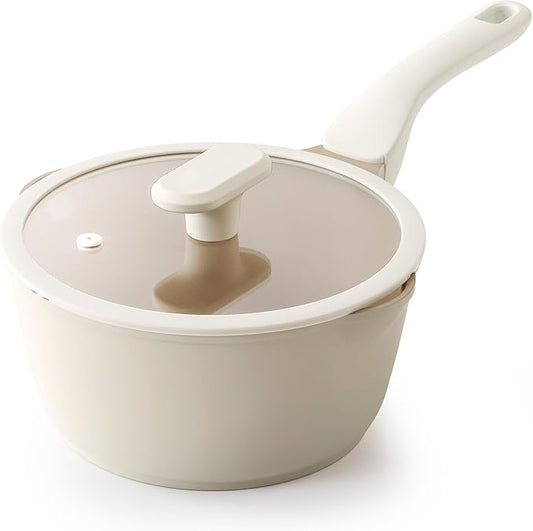 PRICUSIS Ceramic Nonstick Saucepan with Lid, 2.7 Quart Non Toxic Pot with Pour Spouts, Full Coated, 100% Dishwasher Safe, Induction Compatible & Oven Safe, PTFE PFAS & PFOA Free, Coconut White