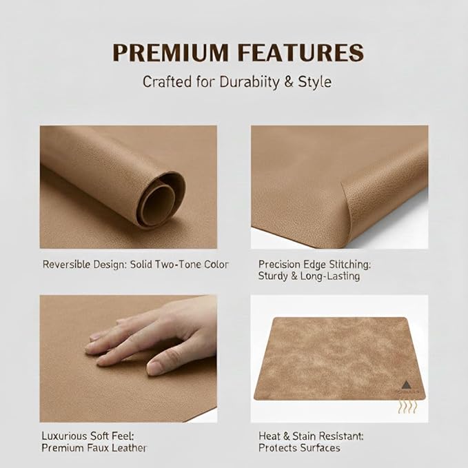 ICEDOG 12"x17" Waterproof PU Placemats - Faux Leather Heat-Resistant & Reversible Table Mats | Oil-Proof, Non-Slip for Kitchen, Dining, Outdoor BBQ (6, Camel)