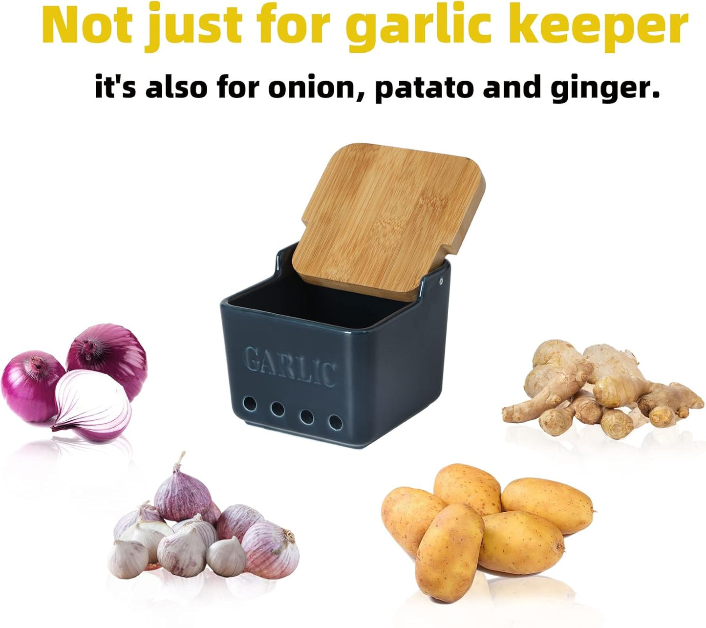 Navy Ceramic Garlic Keeper with Lid - Fresh Storage, Saver for Longer Life, 4.7-Inch