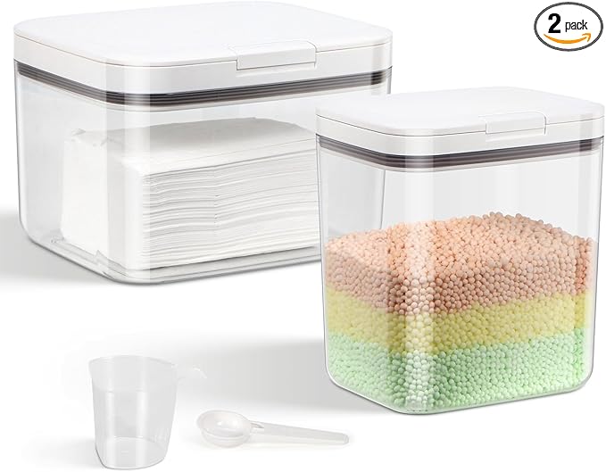 2 Pack Laundry Pods Container with One-Click Pop-up Lid, 95 oz + 68 oz Laundry Room Detergent Storage Container for Laundry Powder, Scent Booster, Dryer Sheet, Dryer Ball, Dishwasher Pod Holder