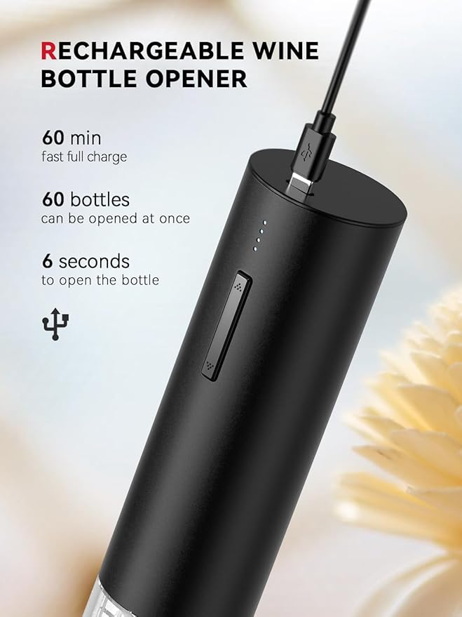 Rechargeable Electric Wine Gift Set - Aerator, Vacuum Stoppers, Foil Cutter and Bottle Opener for Home Bar and Outdoor Parties (Black)