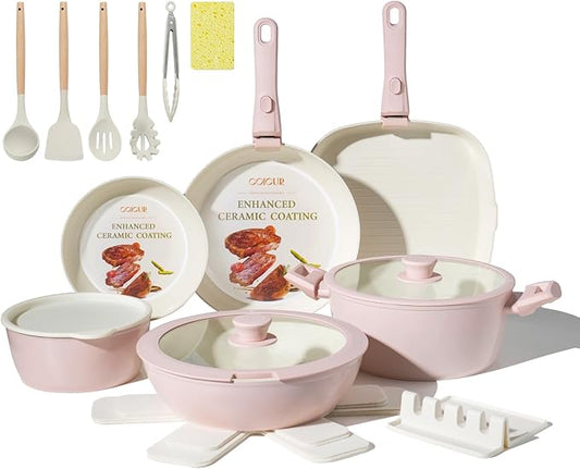 23Pcs Ceramic Cookware Set Non Stick Pots and Pans Set Non Toxic with Detachable Handle Induction Kitchen Cookware Set Space Saving, Oven & Dishwasher Safe, Pink