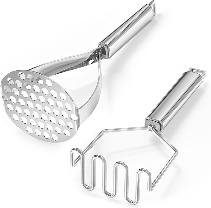 18/0 Stainless Steel Potato Mashers, 10.7-in Kitchen Masher Tool for Avocado Vegetable Sauce Butter, Heavy Duty, Dishwasher Safe, Pack of 2