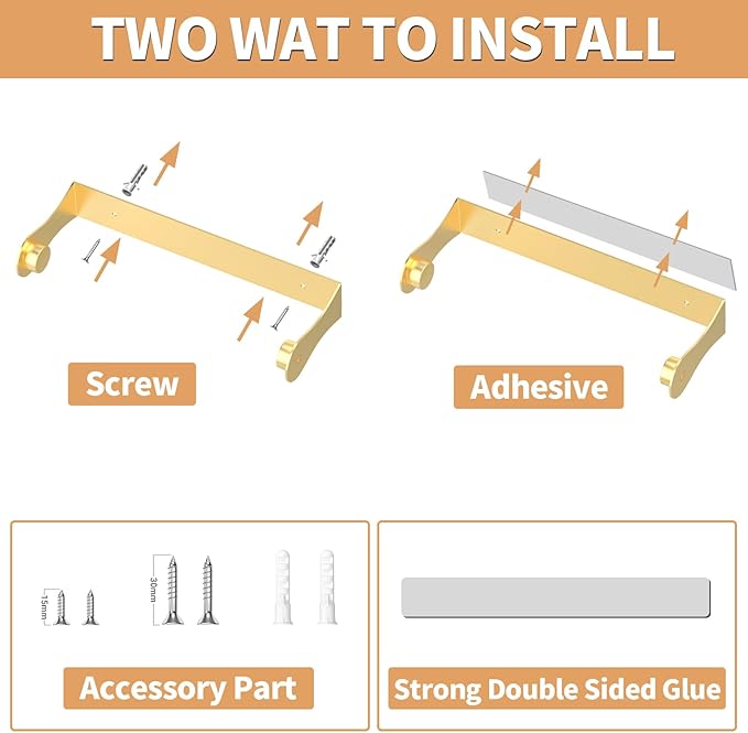 Gold Paper Towel Holder Under Cabinet, Gold Kitchen Accessories Decor, Stainless Steel, Wall Mount Paper Towel Holder for Bathroom, Adhesive or Screws