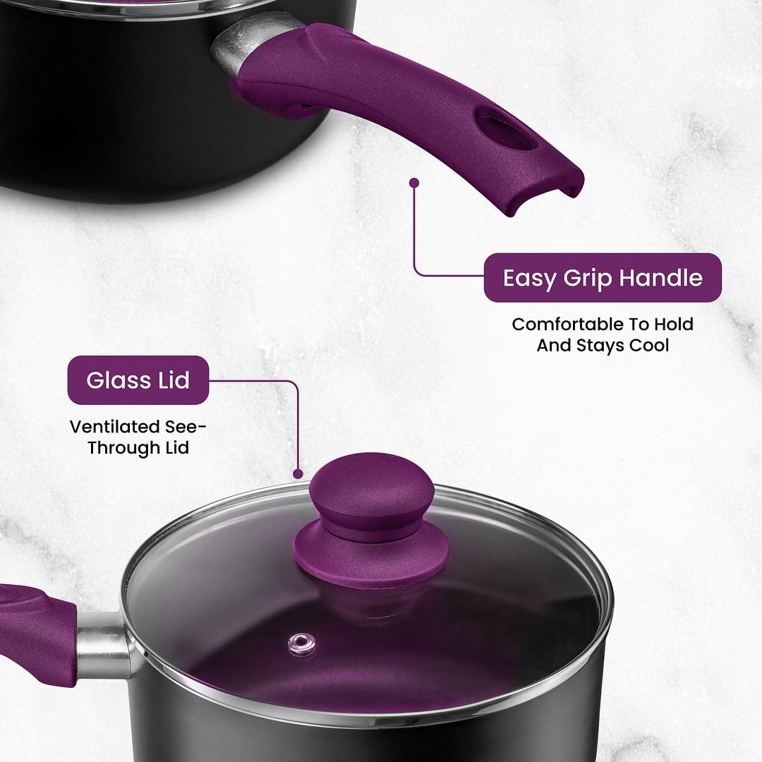 Chef’s Star Aluminum Pots and Pans Set for Kitchen - Nonstick Stackable Induction Cookware, 11 Pcs, Purple