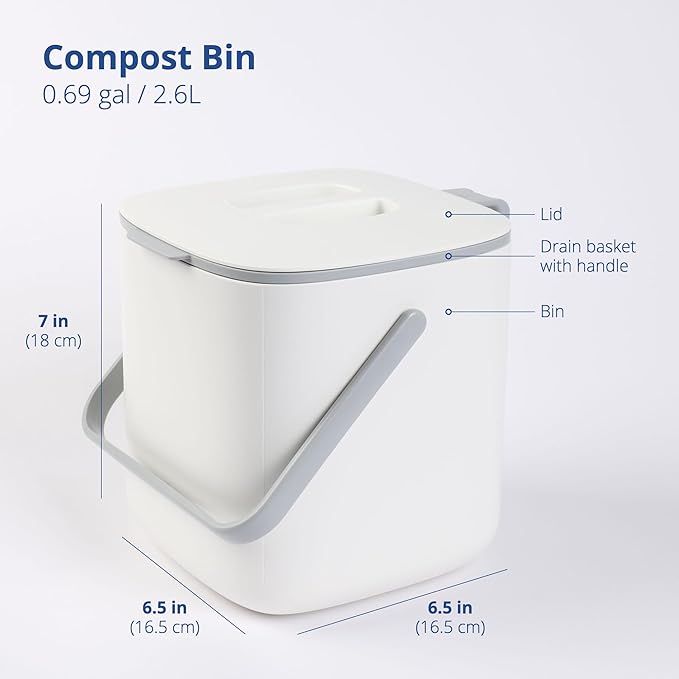 Blue Ginkgo Kitchen Compost Bin [2.6L / 0.69 GAL] – Filter-Free, Odor-Tight Countertop Food Waste Pail with Handles (Made in Korea, White)