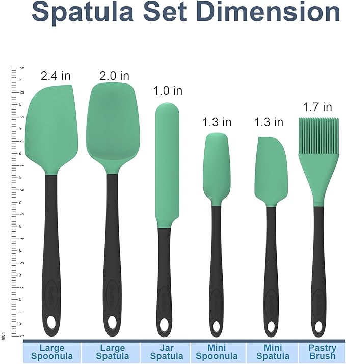 Silicone Spatula Set, 6 Pieces Food Grade Kitchen Utensils with Silicone Brush Heat Resistant Dishwasher Safe BPA-free Rubber Spatula for Scraping, Baking, Cooking, Mixing (Aqua Green)