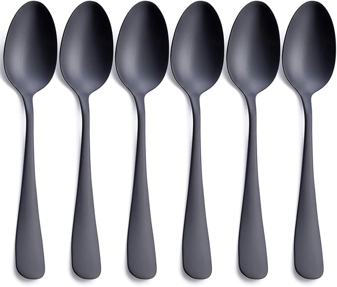 Matte Black Dinner Spoon, GoGeiLi Stainless Steel Satin Finish 7.8-inch Silverware Flatware Spoon Set, Service for 6, Dishwasher Safe
