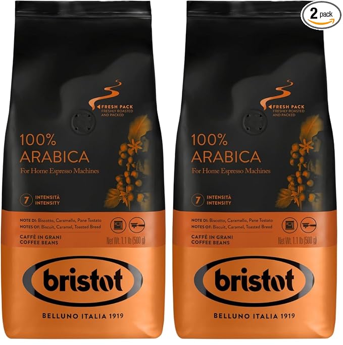 Bristot 100% Arabica Espresso Beans | Italian Espresso Beans | Medium Roast | 1.1lb/500g (Pack of 2)