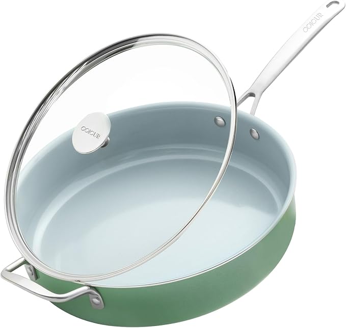 Nonstick Sauté Pan with Lid 5 QT Deep Frying Pan with Stainless Steel Helper Handle 12 inch Large Skillet Ceramic Jumbo Cooker for Healthy Cooking, Induction Compatible Cookware, PFOA Free