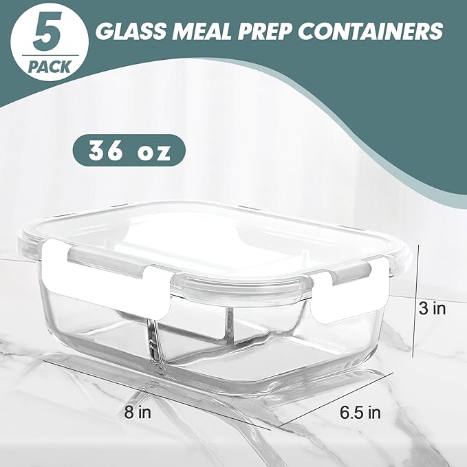 KOMUEE Glass Meal Prep Containers 3 Compartments, 5 Pack 36 oz, Glass Food Storage Containers with Lids, Airtight Lunch Bento Box, Portion Control, Freezer and Microwave Safe, White