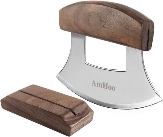 AmHoo Pizza Cutter Chef Mezzaluna Ulu Knife Handle Walnut Wood Grip Sharp Rocker Slicer Stainless Steel Blade Salad Onion Vegetable Chopper with Holder Base Christmas Gifts