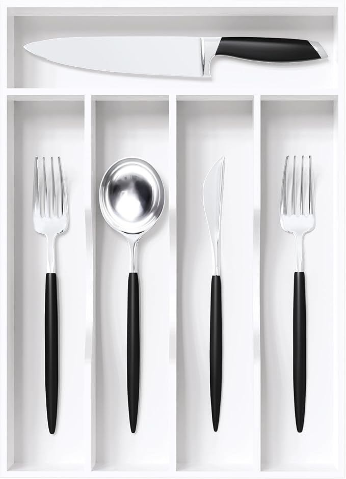 Greenual White Silverware Organizer 10 In Utensil Organizer Silverware Tray for Drawer Cutlery Flatware Organizer for Kitchen Bamboo Wood