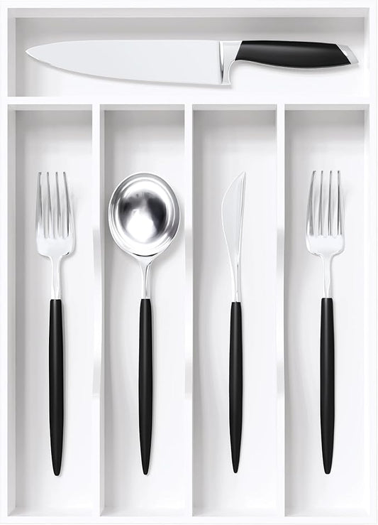 Greenual White Silverware Organizer 10 In Utensil Organizer Silverware Tray for Drawer Cutlery Flatware Organizer for Kitchen Bamboo Wood