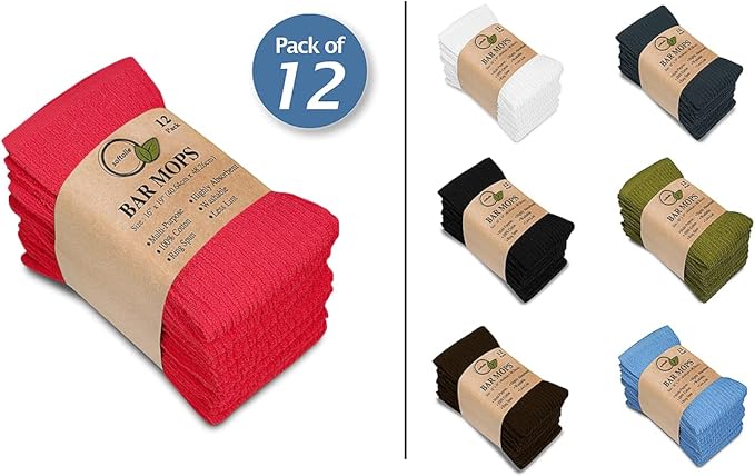 Softolle Bar Mop Towels, Pack of 12, 16x19 Inches, 100% Cotton, Crimson, Multi-Purpose for Home, Kitchen and Bar Cleaning
