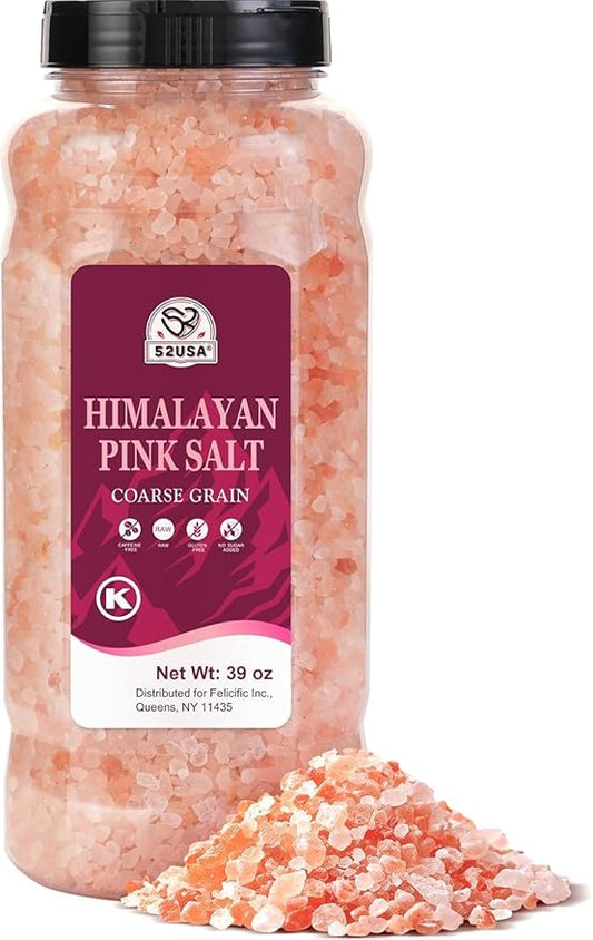 52USA Himalayan Pink Salt, Coarse Grain, 39 oz (2.4 LB), Pink Himalayan Sea Salt, Sea Salt for Grinder Refill, Kosher Salt