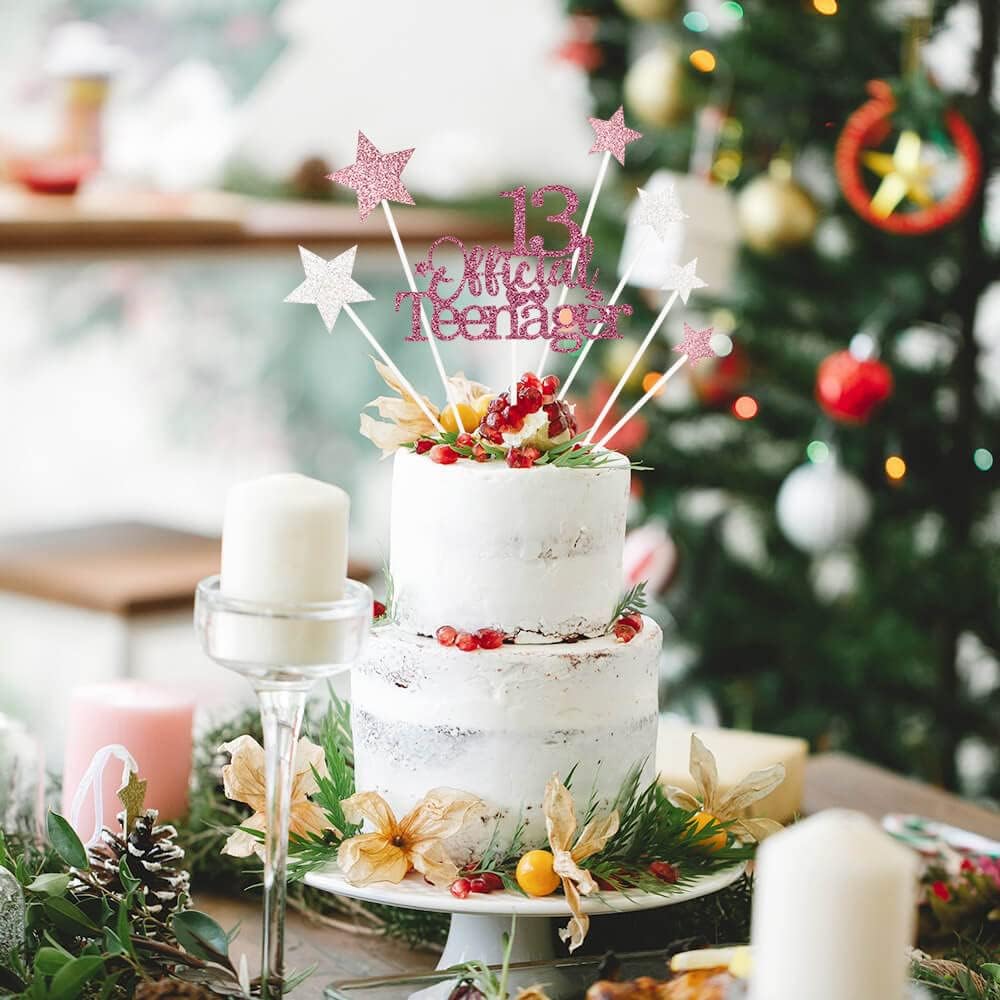 Glittery 13 Ofiicial Teenager Cake Topper with Star,13th Happy Birthday Cake Topper Party Decorations Party Supplies for Boys Girls Rose Gold