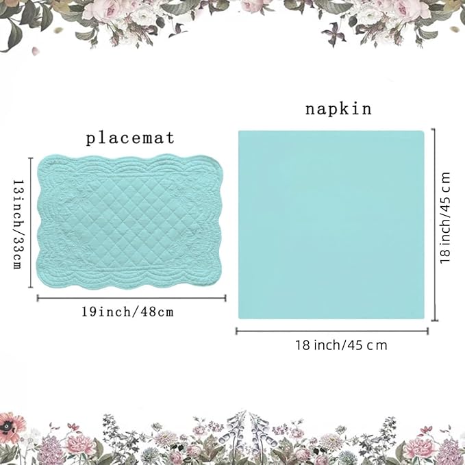 Quilted Placemats Set of 4 with Matching White Cotton Napkins – 4 Piece Table Mats & 4 Cloth Napkins – Solid Color Table Linen Set for Everyday & Holiday Dining (4, Aqua Blue)