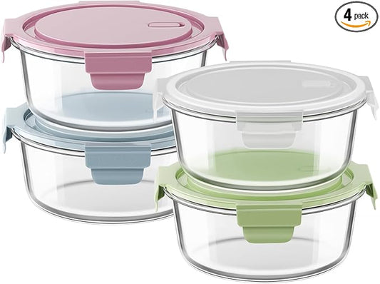 30oz Glass Meal Prep Containers with Lids, Airtight 3.75 Cup Food Storage Containers Set, Heat-Resistant BPA-Free Glass Containers for Soup Leftover, Microwave, Dishwasher, and Freezer Safe (4 Packs)