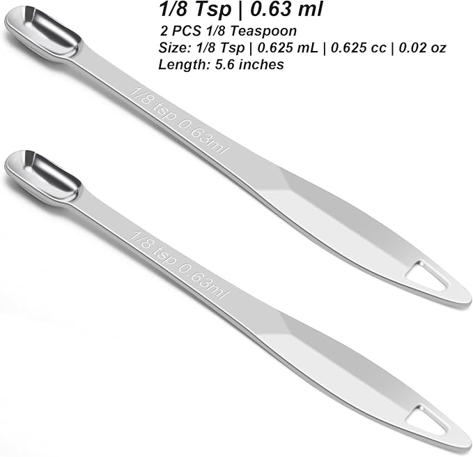 2 Pcs 1/8 Teaspoon (0.63 mL | 1/8 Tsp | 0.63 cc | 1/64 oz) Stainless Steel Single Measuring Spoon, Long Handle Metal Measuring Spoon, Kitchen Gadgets for Cooking & Baking