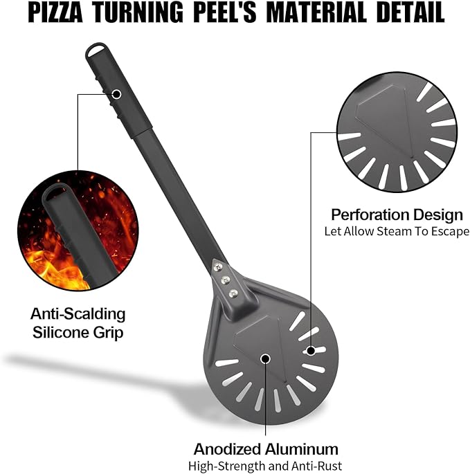 Pizza Turning Peel 7 Inch Round Anodized Aluminum Perforated Pizza Peel Turner With Metal Handle Pizza Paddle Spinner For Outdoor Pizza Oven Accessories